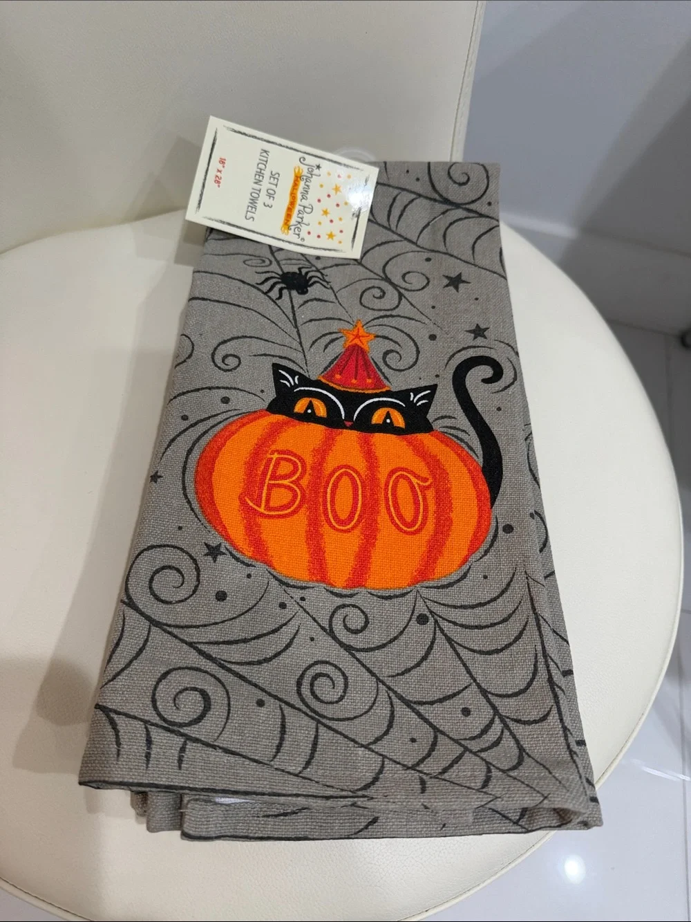 Johanna Parker Halloween Set of 3 Gray/Black/Orange Kitchen Towels